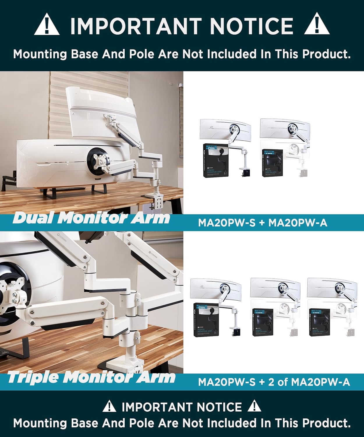 Heavy Duty Extension Arm [Accessory Only - Requires MA20PW-S Single Monitor Arm for Use] Dual 49" Vertical Stacked Monitor Mount Height Adjustable - 100x100 VESA Mount, White, MA20PW-A