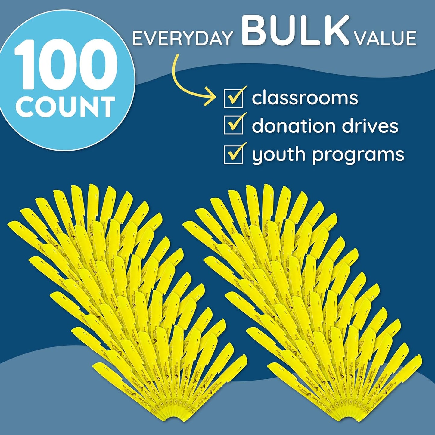 Blue Summit Supplies 100 Pack Chisel Tip Yellow Highlighters Bulk Classroom, Pocket Thin Highlighters Yellow Bulk for Adults and Kids Highlighting in Home, School, or Office, Quick Dry