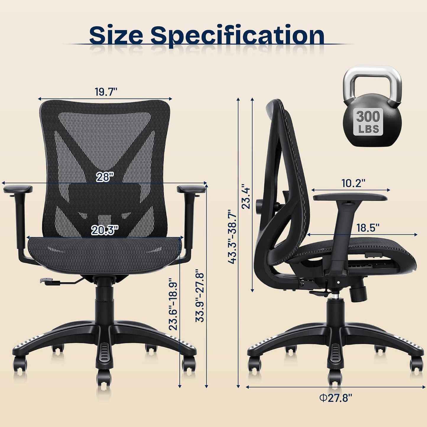 Ergonomic Office Chair, Mesh Computer Desk Chairs with Adjustable Lumbar Support, 3D Armrests, Tilt Function, Comfy Wide Seat, Swivel Executive Work Task Chair for Company and Home