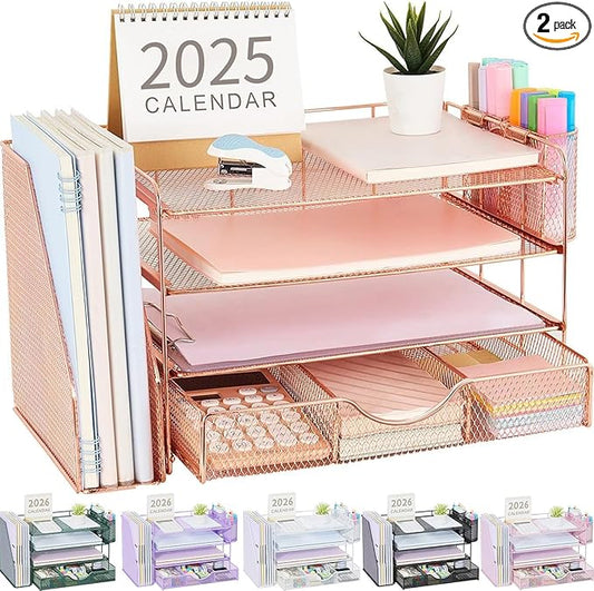 gianotter Desk Organizers and Accessories with File Holder, 4-Tier Desk Accessories & Workspace Organizers with Drawer and 2 Pen Holder, Paper Organizer for Office Supplies (Rose Gold)
