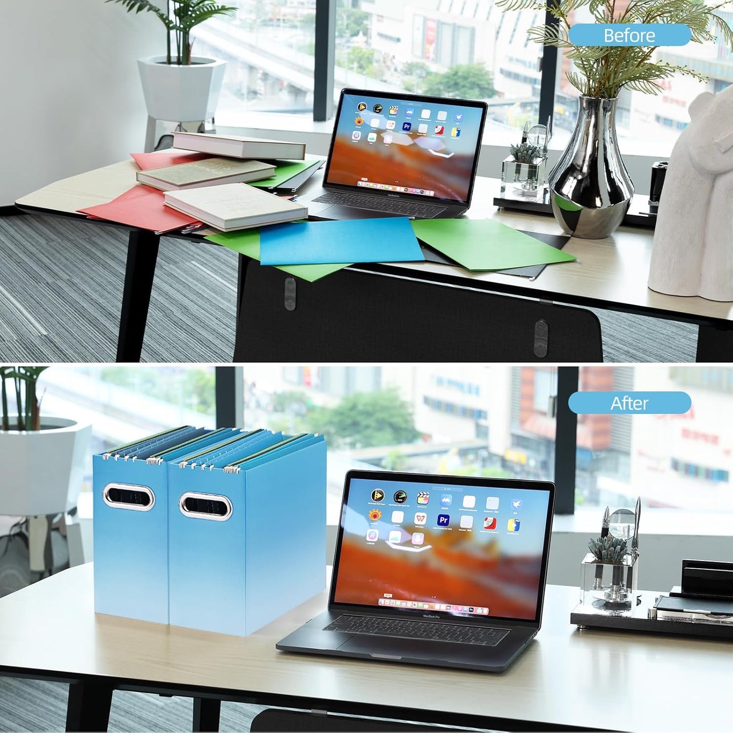 Oterri File Organizer, 4 Packs Small Storage Box, Cardboard File Folder Organizer, Collapsible File Box for Hanging File Folders Letter Size, Portable Filing Organizer (Gradient Light blue)