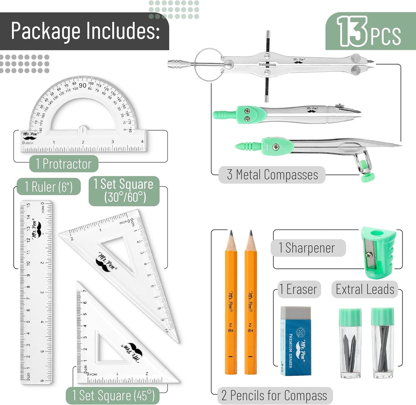 Mr. Pen- Geometry Set, 13 pcs, Mint Green, Compass for Geometry Compass Math, Geometry Kit Set with Shatterproof Storage Box, Math Compass, Geometry Set for School, Protractor and Compass Set