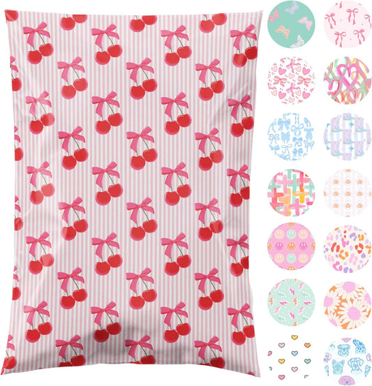 14.5x19 Designer Poly Mailer 100 Pack Heavy Duty Waterproof Self Seal Shipping Bags, Small Business Large Mailing Envelopes Bulk Tear Resistant Packaging Pink Stripe Cherry Fruit