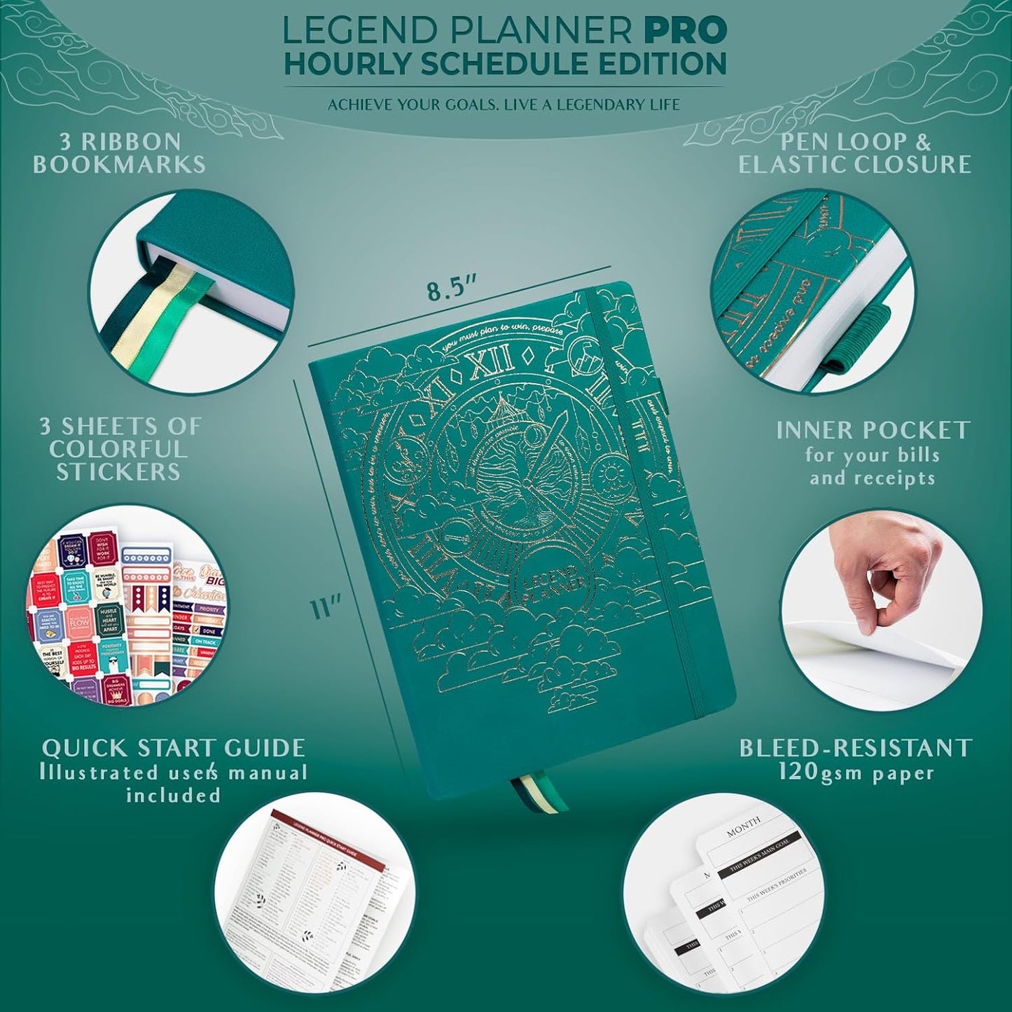 Legend Planner PRO Hourly Schedule - Weekly & Daily Organizer with Time Slots. Appointment Book Journal for Work & Personal, A4 (Dark Teal)