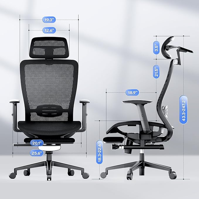 FLEXISPOT OC3 Air Ergonomic Office Chair with Footrest, High Back Computer Chair with Adjustable Lumbar Support/3D Headrest, Desk Chairs for Home Office Gaming Working, Black,Mesh Seat,Air-F