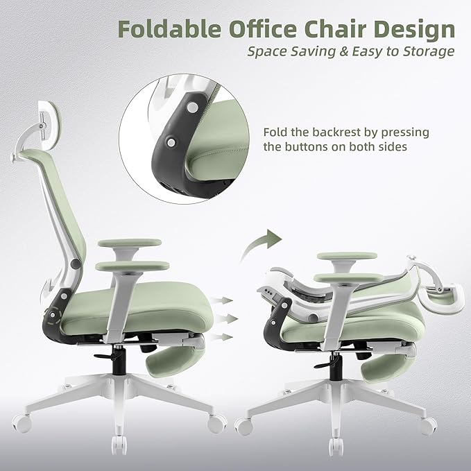 Foldable Office Chair with Foot Rest, Ergonomic Office Chair with Adjustable Lumbar Support, Headrest, Armrest, Home Office Desk Chair for Space Saving, Work from Home, Green