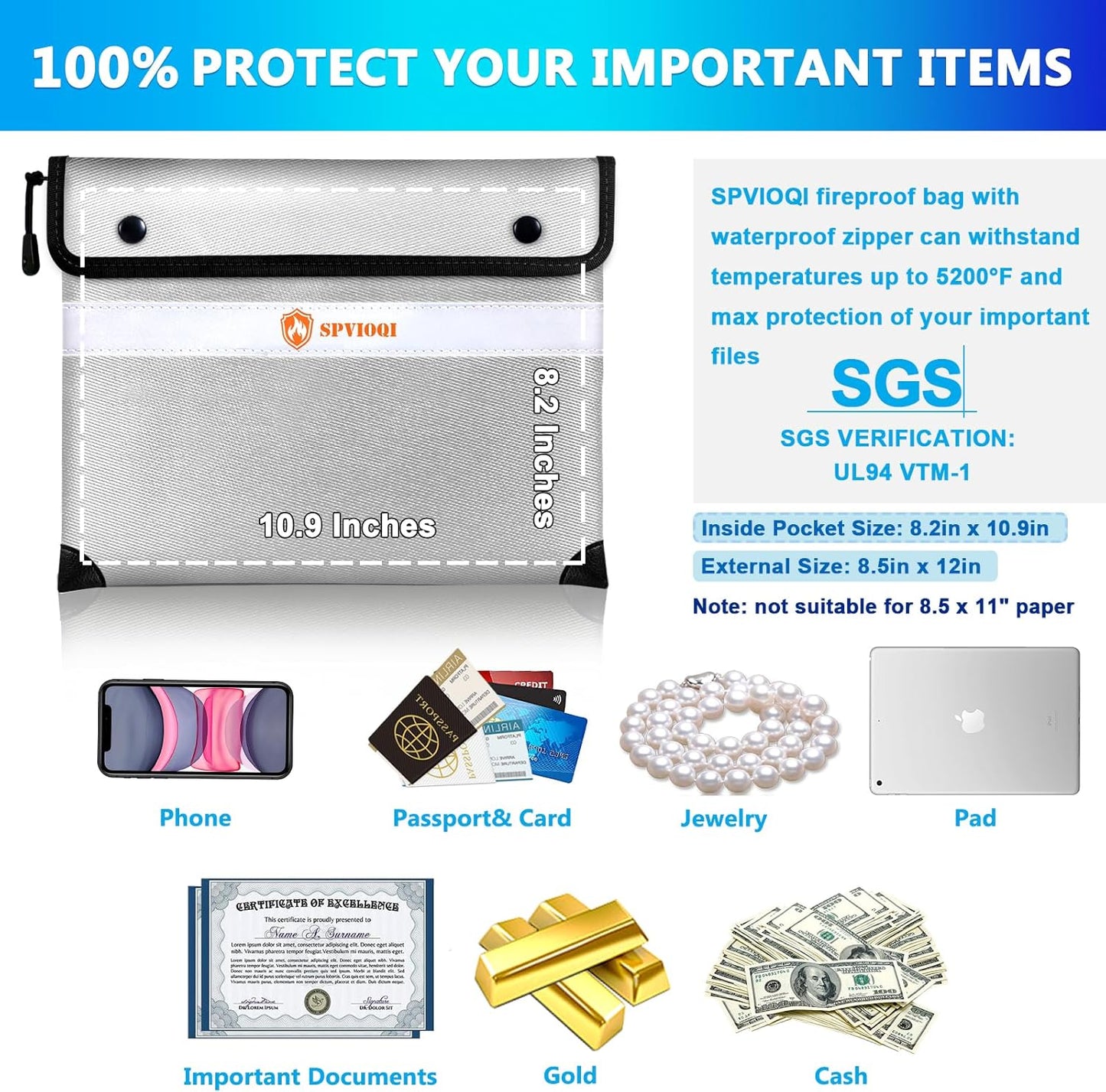 Upgraded 5200°F Fireproof Document Bag with Heat Insulated, Water Fire Proof Bag with Zipper,8 Layers of Functional Materials and Reflective Strip, Fireproof Money Bag for Cash/Documents/Valuables