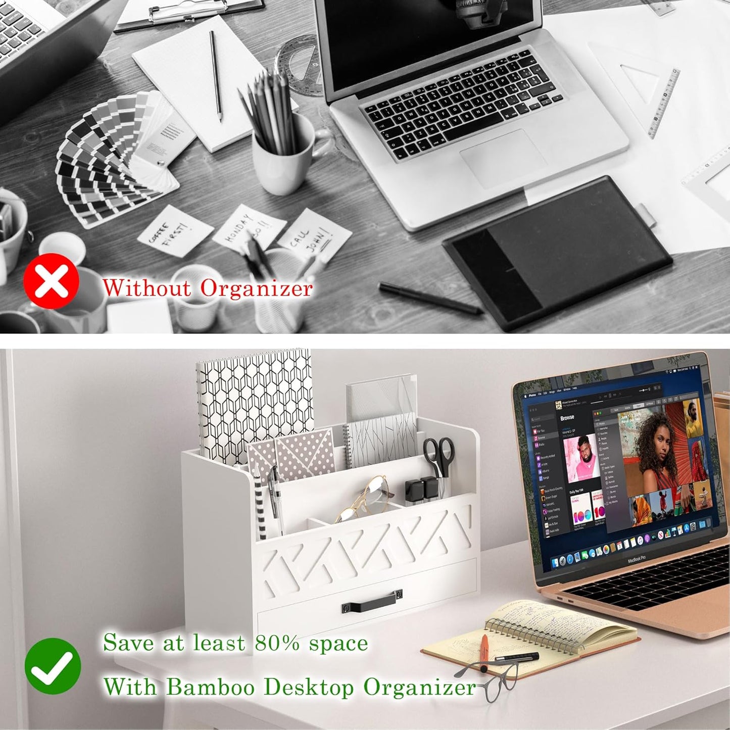 Bamboo Mail Organizer Countertop Wood Desk Organizer Drawer Tabletop Storage Box Letter Sorter Makeup Organizer for School Home Office Supplies White