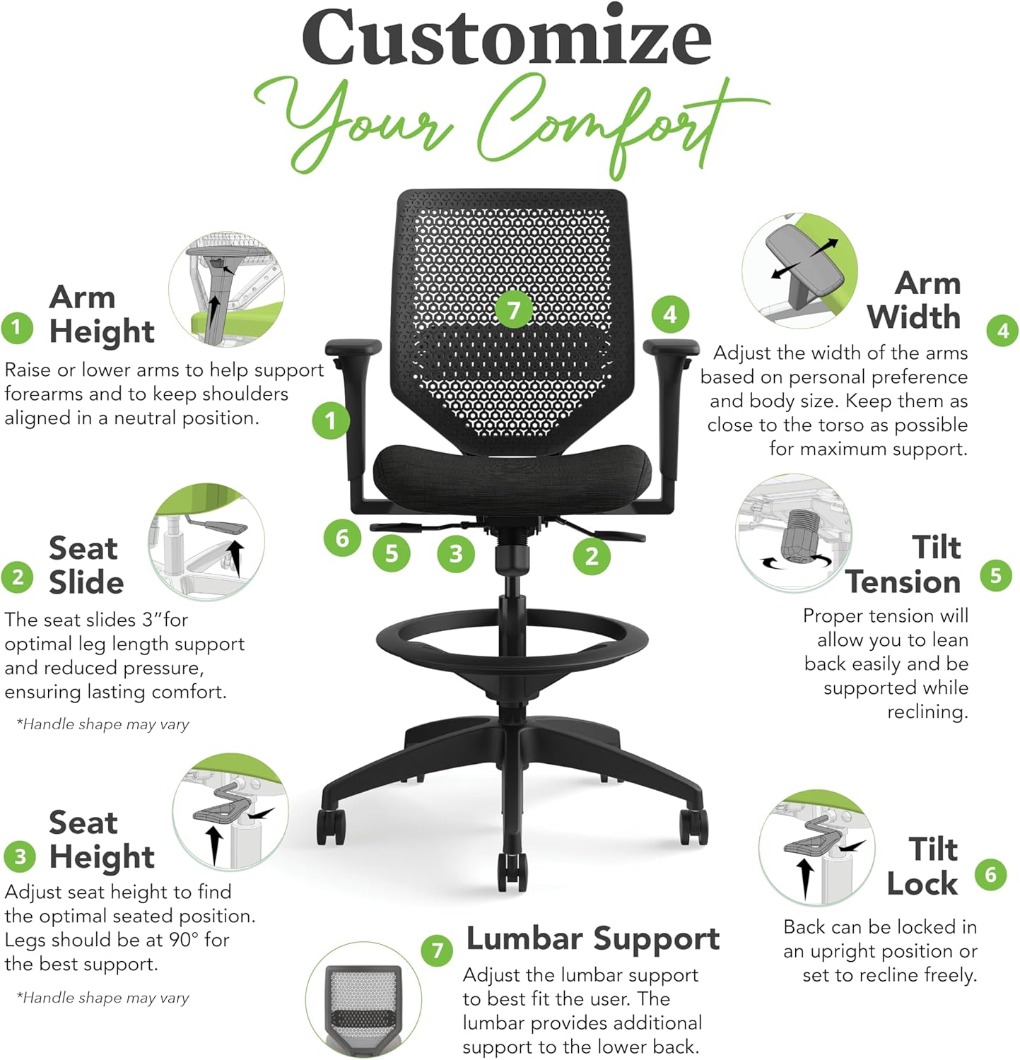 HON Solve Standing Desk Chair, ReActiv High Back Support, Office Chair with Foot Rest, Ergonomic Office Chairs, Adjustable Height