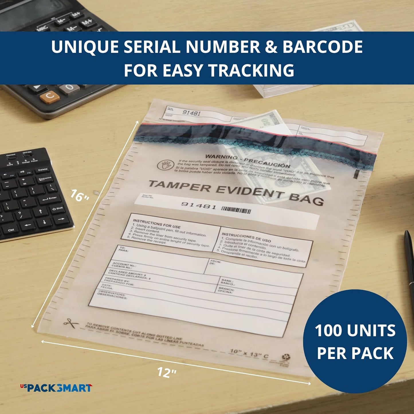 12"x16" Clear Plastic Deposit Bags with Security Tape Tamper Evident - Secure Bank Deposits, Cash Handling, & Currency Transport | Self-Sealing Tape with Hidden Graphics | 100-Pack