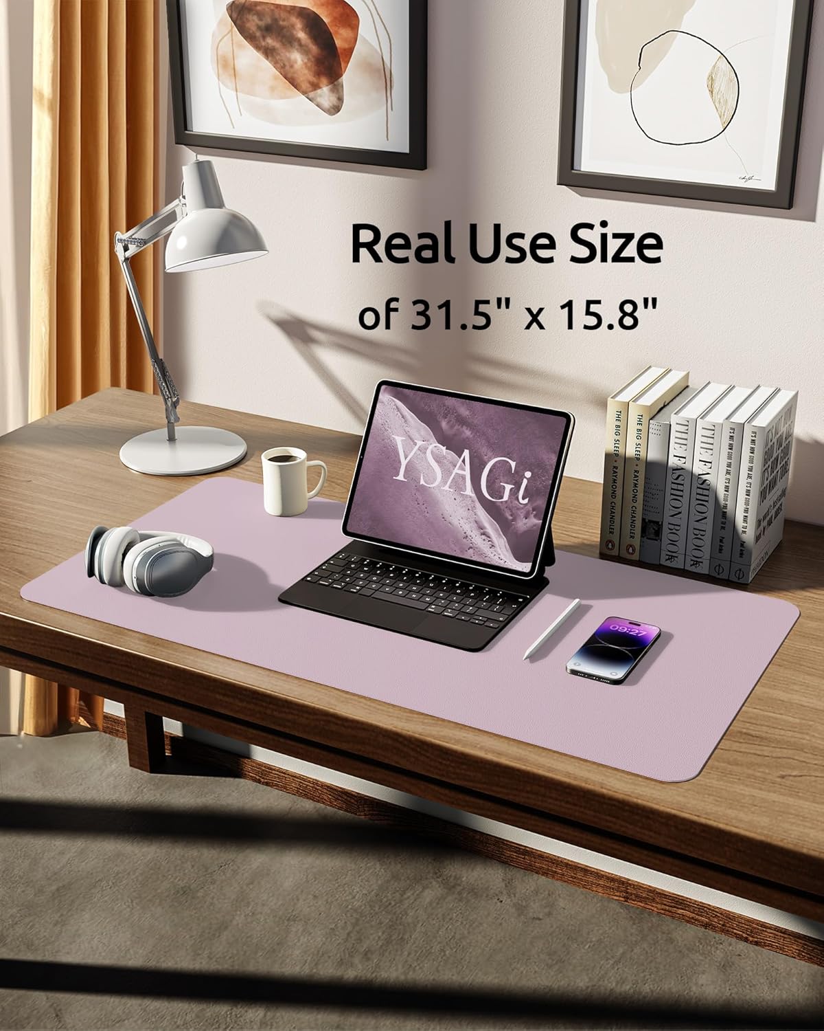 YSAGi Leather Desk Protector, Office Mat, Large Mouse Mat, Non-Slip PU Leather Blotter, Laptop Desk Mat, Waterproof Writing Pad for Office and Home (Grayish Lavender, 31.5" x 15.8")