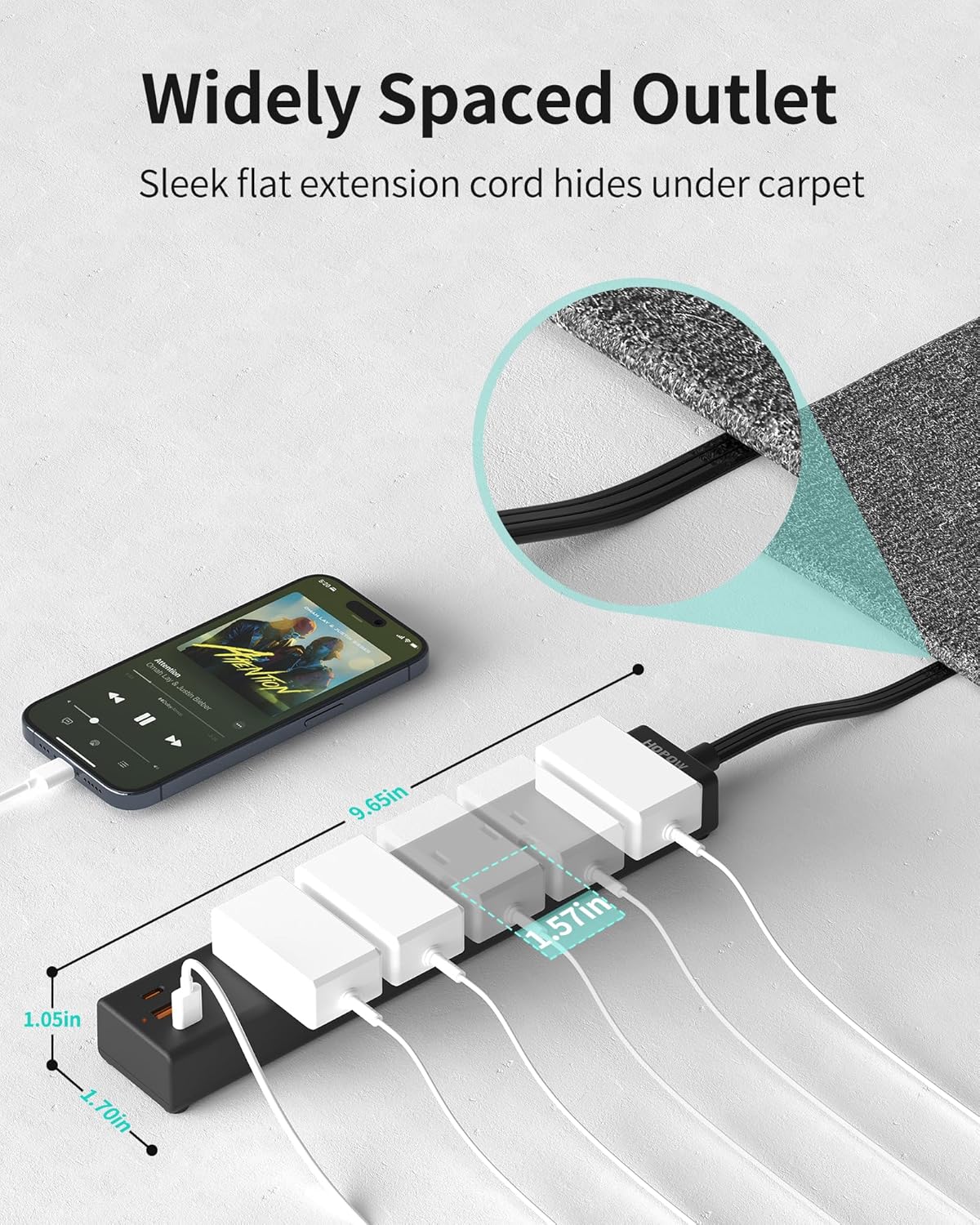 Flat Plug Power Strip, 6 Ft Ultra Thin Extension Cord, Surge Protector with 5 Outlets & 3 USB Ports (2 USB C), 1700 Joules, Wall Mount, Desktop Charging Station for Home Office Dorm, Black