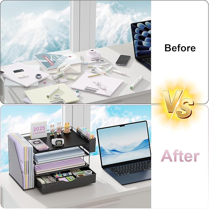 gianotter Wood Desk Organizers and Accessories with File Holder, 4-Tier Desk Accessories & Workspace Organizers with Drawer and Pen Holder, Paper Organizer for Office Supplies (Black)