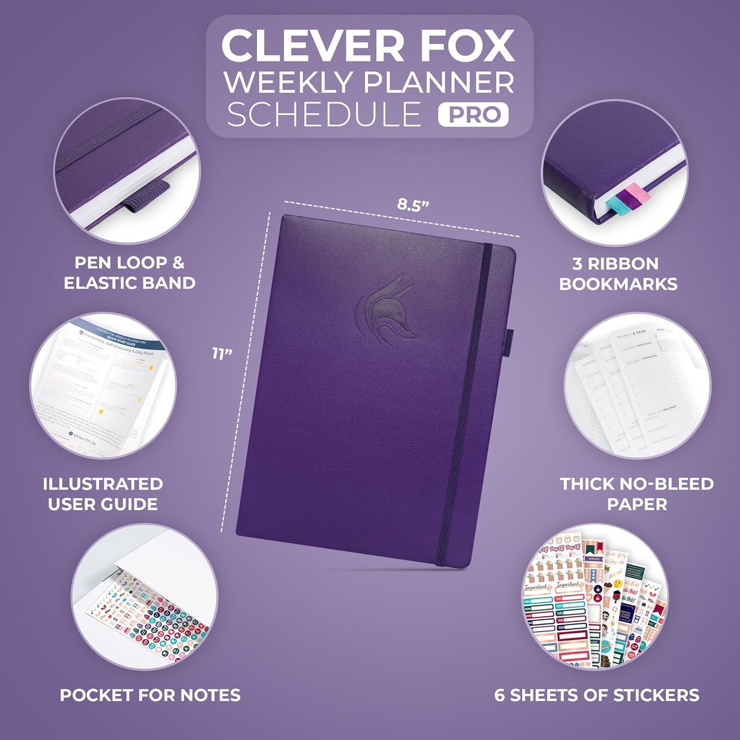 Clever Fox Planner PRO Schedule – Undated Weekly & Monthly Life Planner with Time Slots, Appointment Book & Daily Organizer, A4 (Purple)