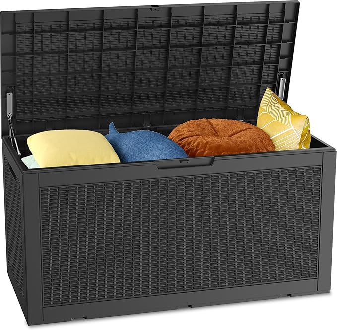 100 Gallon Outdoor Storage Box Waterproof Lockable Resin Deck Box Large, Patio Storage Bin for Pool Accessories Cushion Furniture, Garden Tools, UV-Resistant Outside Delivery Black
