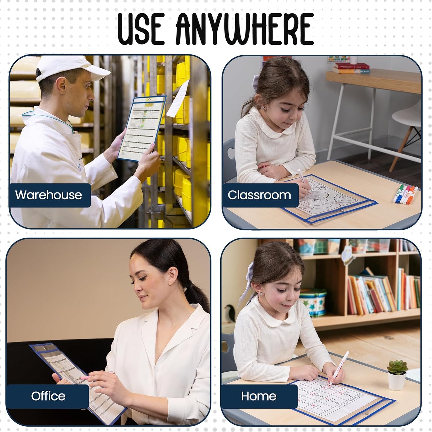 Essex Wares - 5 Pack, Blue, Job Ticket Holders, 10" Wide x 13.5" Tall - Clear Plastic Shop Ticket Holders - Easy to Use, Reusable & Easy Erase Plastic Invoice Holders, Water-Resistant & Durable