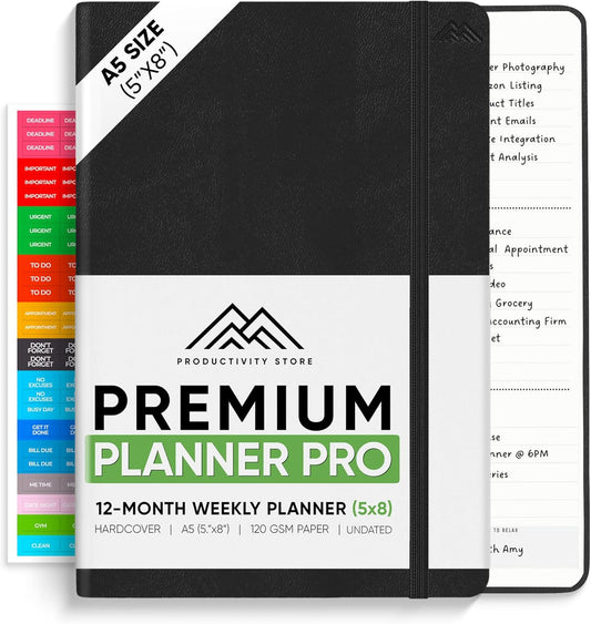 PRODUCTIVITY STORE Pro - Undated, 2025 Planner, 5.8” x 8.3” - The #1 Productivity Planner to Achieve Your 2025 Goals - Planner 2025-2026 - Black - A5