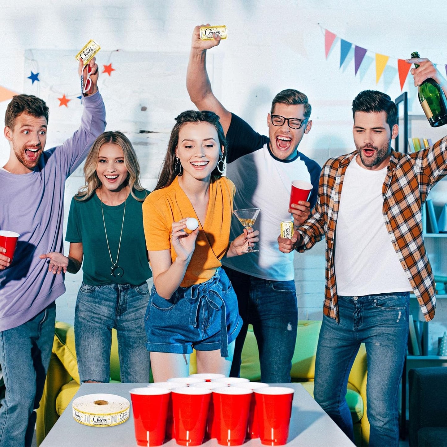 1000 Pcs Drink Ticket Single Raffle Tickets Roll Golden Sequins Cocktail Design Cheers Free Drink Ticket for Events Wedding Work Formal Parties Leisure Class Reward