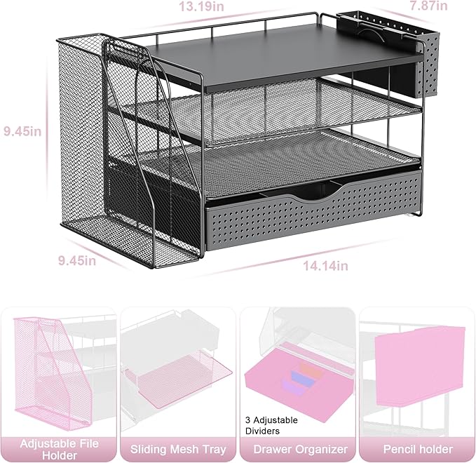 gianotter Wood Desk Organizers and Accessories with File Holder, 4-Tier Desk Accessories & Workspace Organizers with Drawer and Pen Holder, Paper Organizer for Office Supplies (Black)
