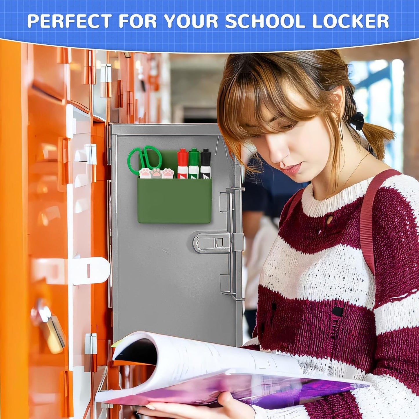 Magnetic Dry Erase Marker Holder, Magnetic Pen Marker Holder for Whiteboard, Fridge, Locker Accessories, School, Office, Home, Magnet Pen Cup,1 Pack, Army Green