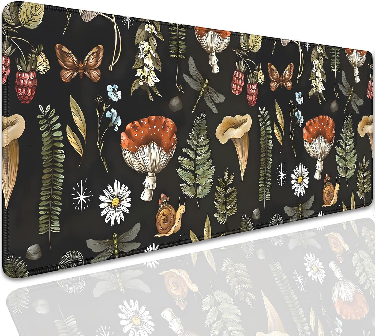 Plant Mushroom Desk Pad Mouse Pad,Large Black Aesthetic Mouse Mat with Stitched Edges,Non-Slip Rubber Base Mousepad for Office PC Keyboard Laptop and Home Work Desk Mat(27.5X11.8 in)
