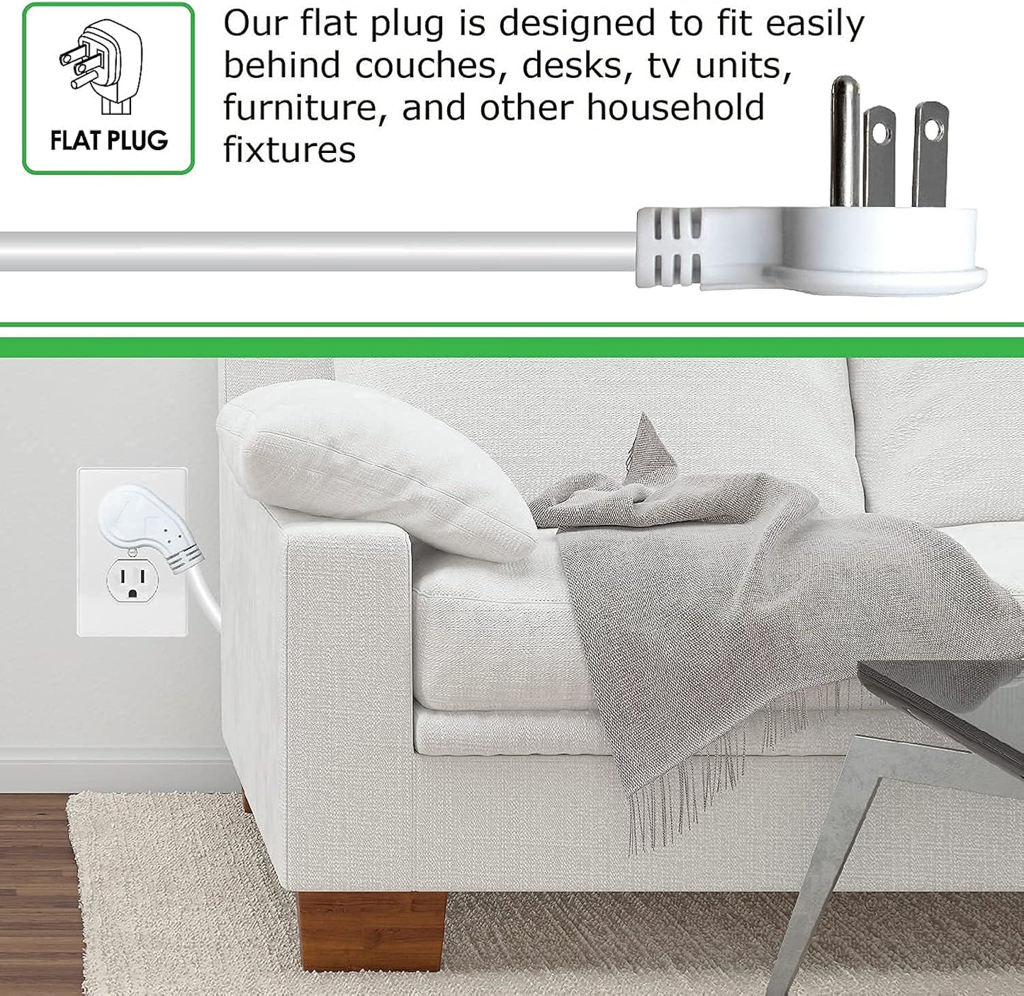 Digital Energy 15 FT 8 Outlet Surge Protector Power Strip - 15 AMP, 1875 W, 125 V, 350 J Surge Protection, ETL Listed - Flat Plug, White