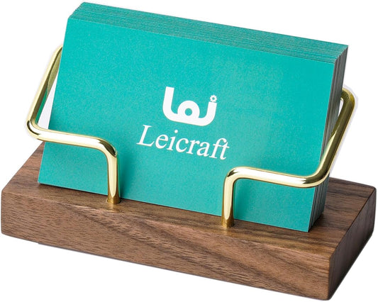 Business Card Holder for Desk, Modern Card Organizers and Office Desk Accessories for Men and Women (Walnut Golden)