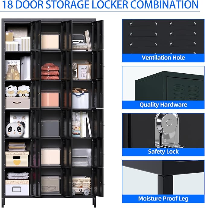 Metal Lockers for Employees with 18 Doors, Metal Locker with Lock for School Garage Office Gym Home,Assembly Required,Black