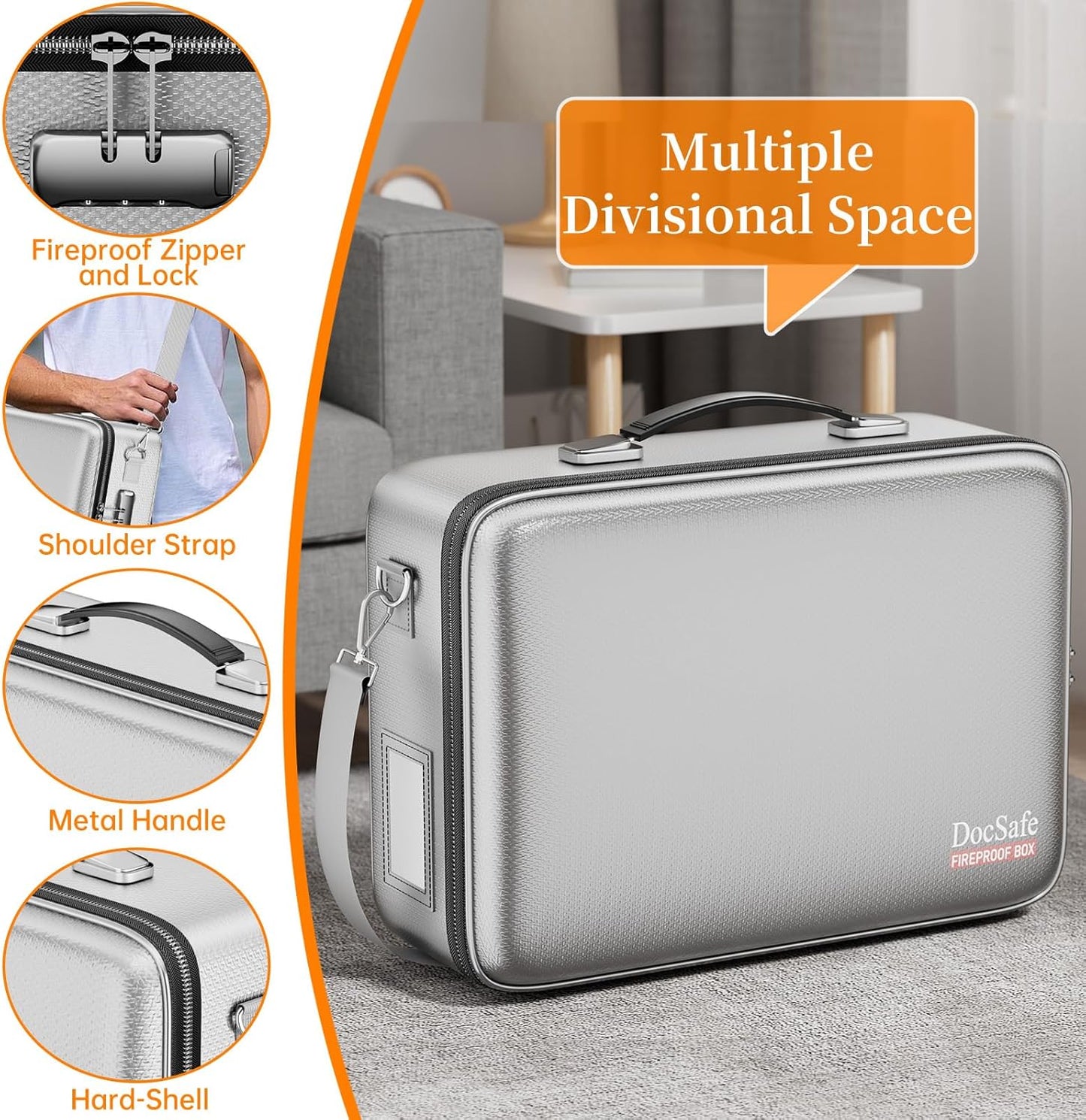 DocSafe Fireproof Document Box with Lock＆Shoulder Strap,Hard Case File Organizer with Accordion File Folder,Multi-Layer Portable Home Office Travel Safe Storage for Important Documents Laptop Silver