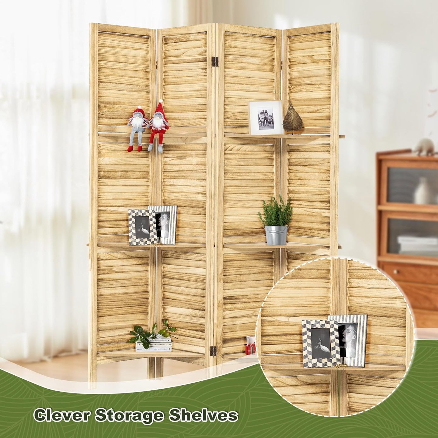 NicBex 4 Panel Room Divider 5.6FT Louvered Design Room Dividers with Display Storage Shelves Folding Privacy Screens Portable Freestanding Partition Wall Dividers for Home Bedroom Office, Natural Wood