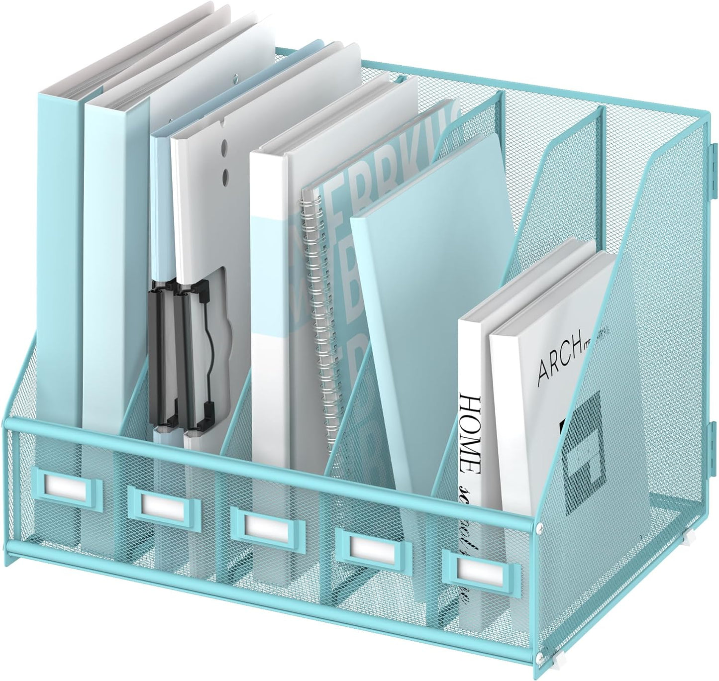 SUPEASY Desk Organizers Metal Desk Magazine File Holder with 5 Vertical Compartments Rack File Organizer for Office Desktop, Home Workspace, Blue