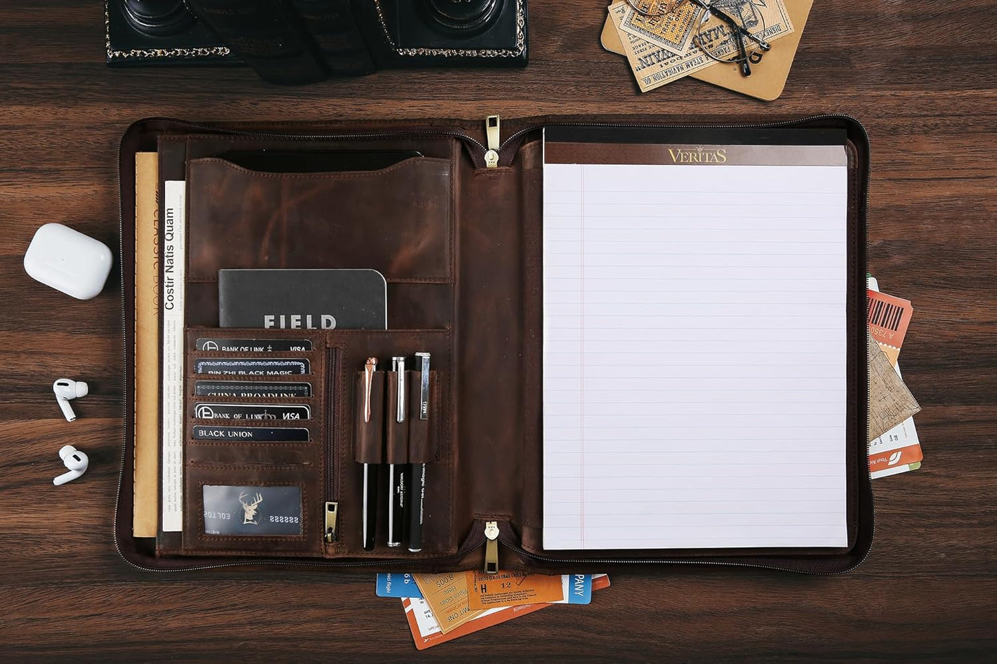 Personalized Leather Portfolio Organizer for IPad/Document, Business Padfolio with A4 Leather Notepad Holder, Custom Leather Compact Folder Conference Portfolio for Men and Women, Dark Khaki