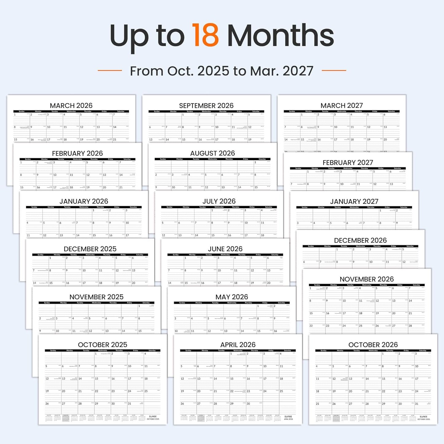 SUNEE Desk Calendar 2025-2026, 18 Months from Oct. 2025 to Mar. 2027, 17"x12" Academic 2026 Calendar for Home, School, or Office Desk Top Organizing, Black Monthy Calendar 2026