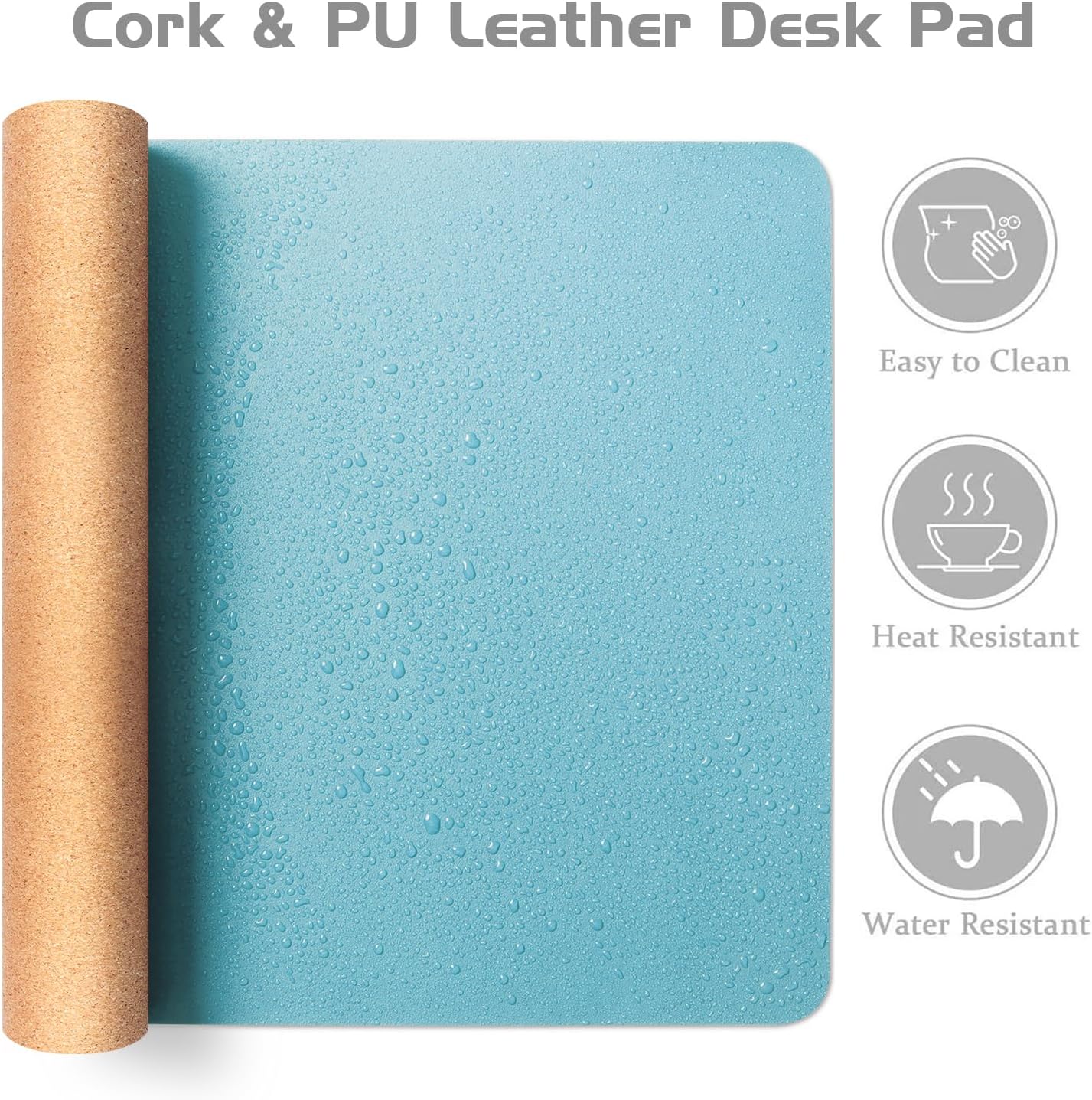 Aothia Double-Sided Desk Pad – 37.8"x17" Leather Desk Mat with Eco Cork Protector, Large Mouse Pad, Waterproof Desk Blotter for Office/Home (Blue Topaz)