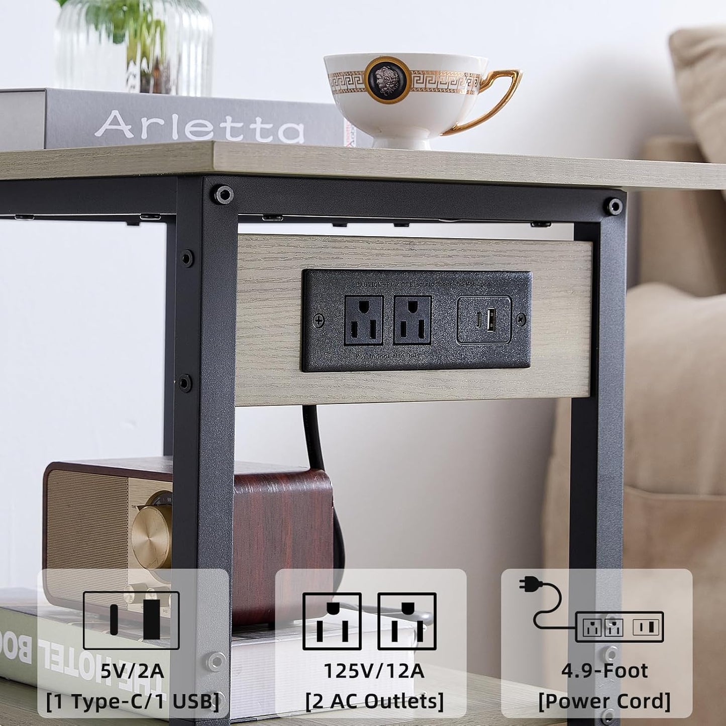 Lerliuo 3-Tier Printer Stand with Charging Station, Industrial Mobile Printer Table with Storage Shelf and Steel Frame, Rolling Printer Cart Holder with Lockable Wheels for Home, Office (Oak)