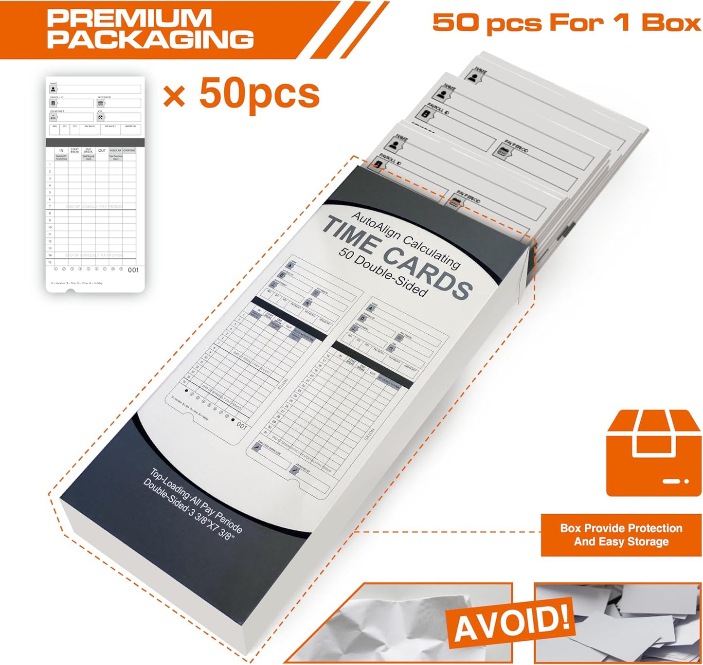 300 time Cards for HN4000, HN2000, HN2500, HN4500 time Clocks and More, Card Numbers 1-50, with pre-Punched Holes Employee time Cards (with Separate Box)
