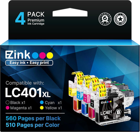E-Z Ink Compatible LC401XL Ink Cartridge Replacement for Brother LC401 XL LC401XL LC 401 Ink High Yield to use with Brother MFC-J1010DW MFC-J1012DW MFC-J1170DW DCP-J1800DW DCP-J1140DW Printer (4 Pack)