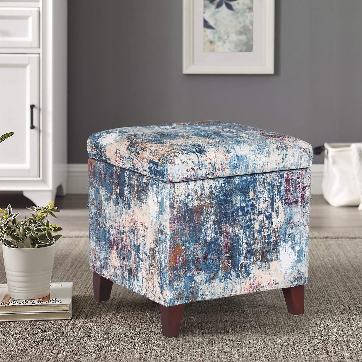 Adeco 18 Inch High Cube Ottoman Storage, Linen Chair Foot Stools, Upholstered Vanity Stool with Hinged Lid, Solid Wood Legs