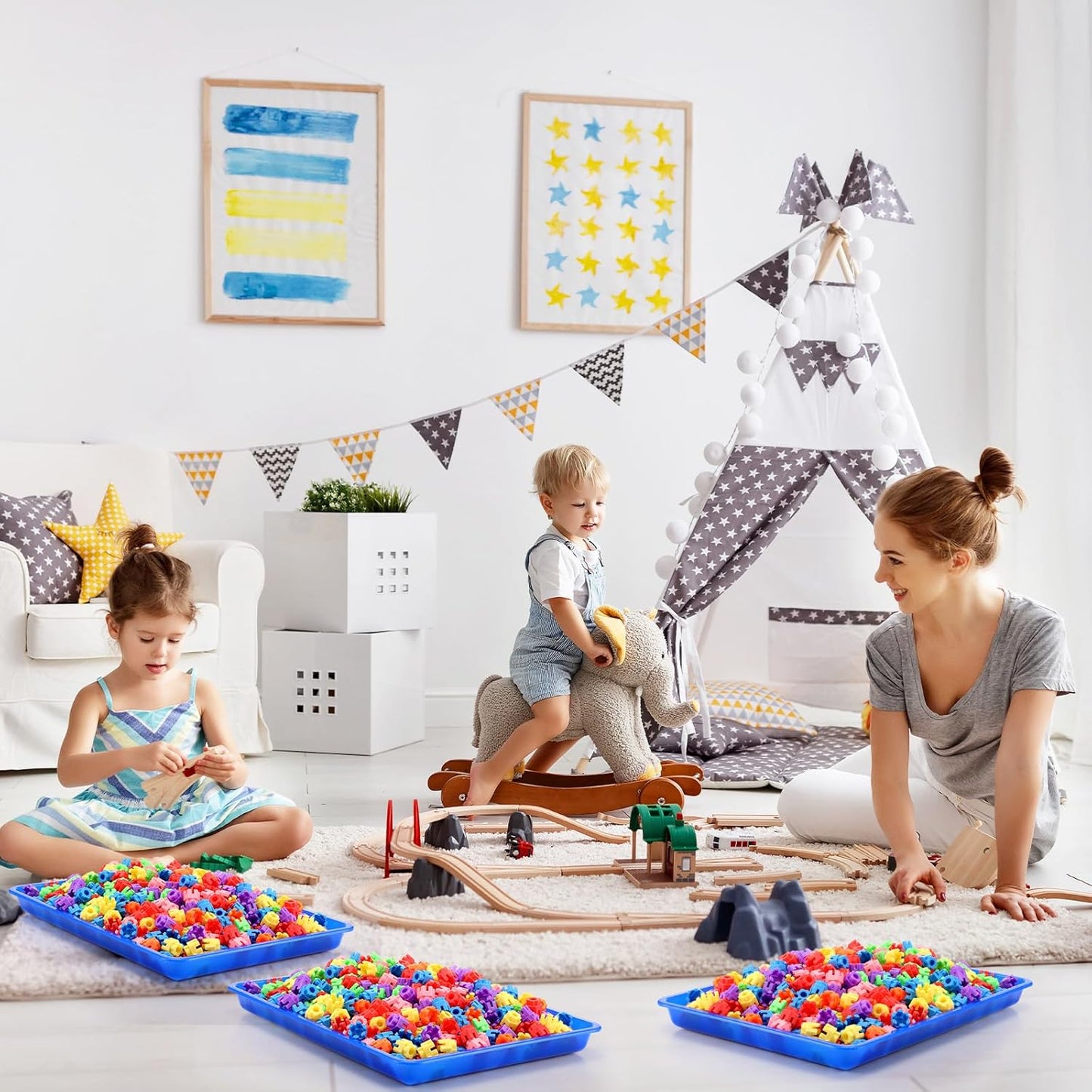 Maitys 15 Pcs Flat Plastic Trays 16.1 x 11.8'' Sensory Storage Tray Paper Stackable Classroom Bins for Office Home Organizer Arts and Crafts Supplies(Blue)