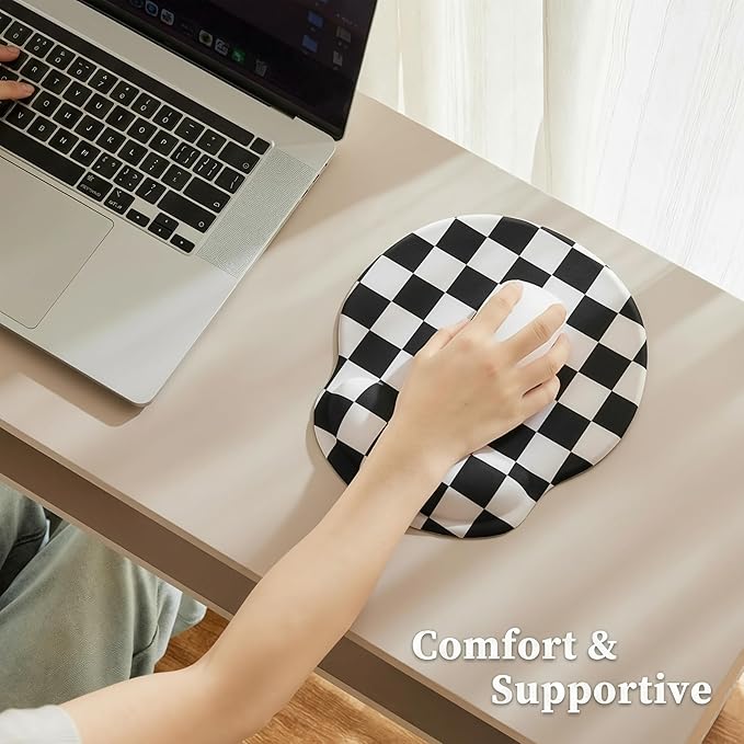 Black White Checkered Mouse Pad with Gel Wrist Rest, Wrist Support, Ergonomic Desk Accessories for Women, Office Laptop Gaming Decor, Cute Aesthetic Check Design