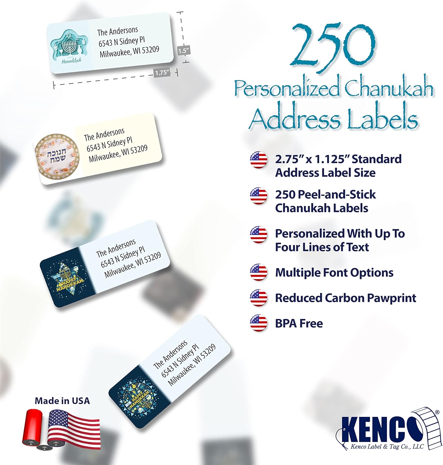 Customized Personalized Address Labels - Made in The USA by Kenco (500 Labels, Hannukah)