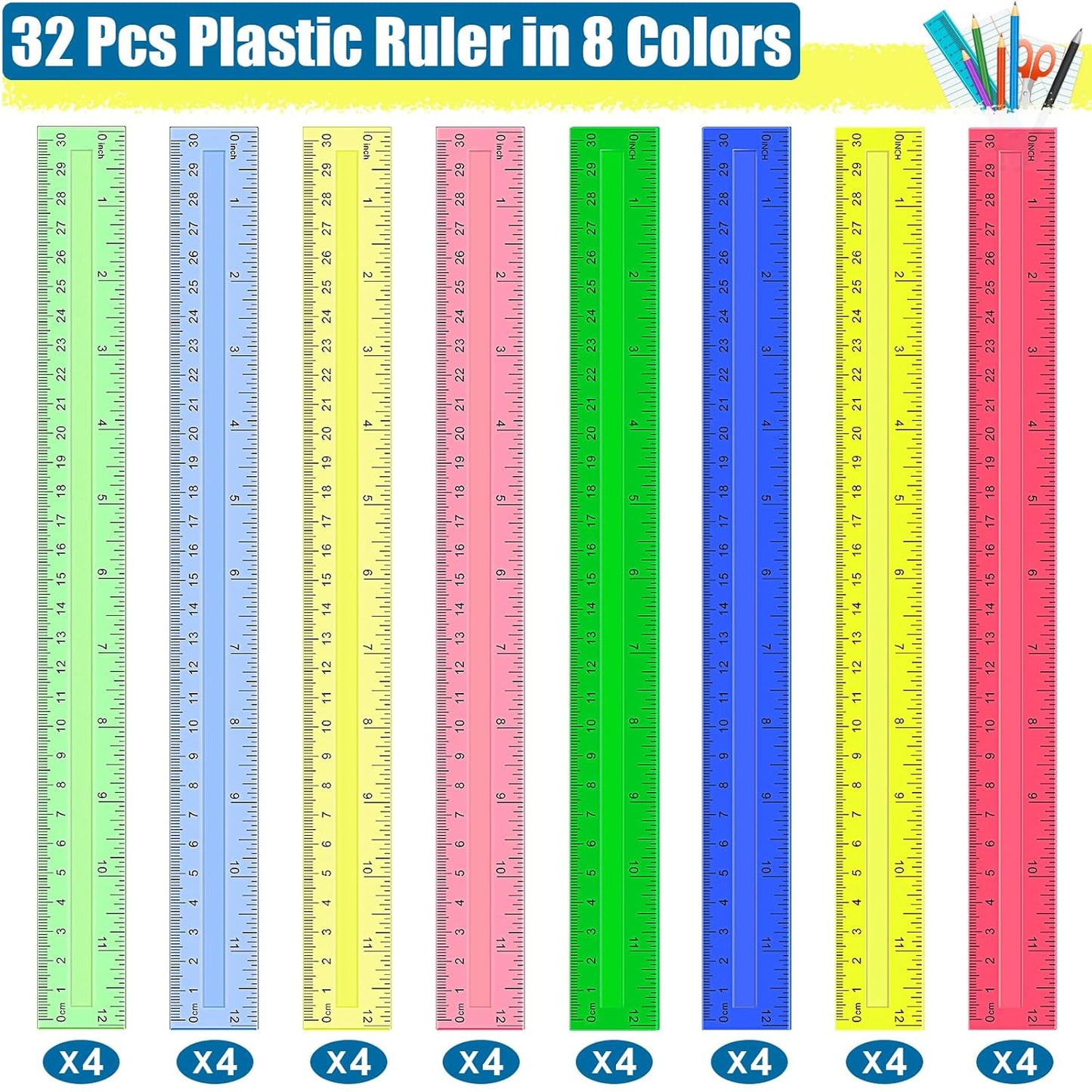 12 Inch Plastic Rulers, 32 PCS Transparent Assorted Color Metric Bulk Rulers with Inches Centimeters Millimeter. Measuring Drawing Tool for Kids, Ideal Back to School Office Home Supplies