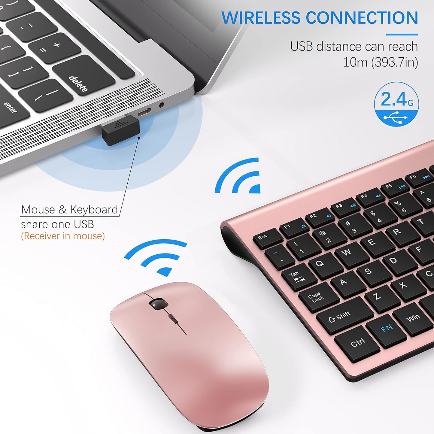 Wireless Keyboard and Mouse Ultra Slim Combo, TopMate 2.4G Silent Compact USB 2400DPI Mouse and Scissor Switch Keyboard Set with Cover, 2 AA & 2 AAA Batteries,for PC/Laptop/Windows/Mac-Rose Gold Black