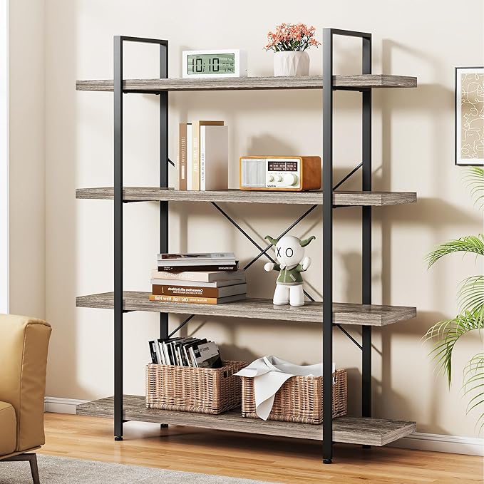 Bookshelf Set of 2, Heavy Duty 4-Tier Industrial Bookcase, 47" Wide Wood Bookshelf for Home Office, 120lbs Shelf Capacity, Rustic Display with Horizontal Shelf for Living Room Bedroom,Grey