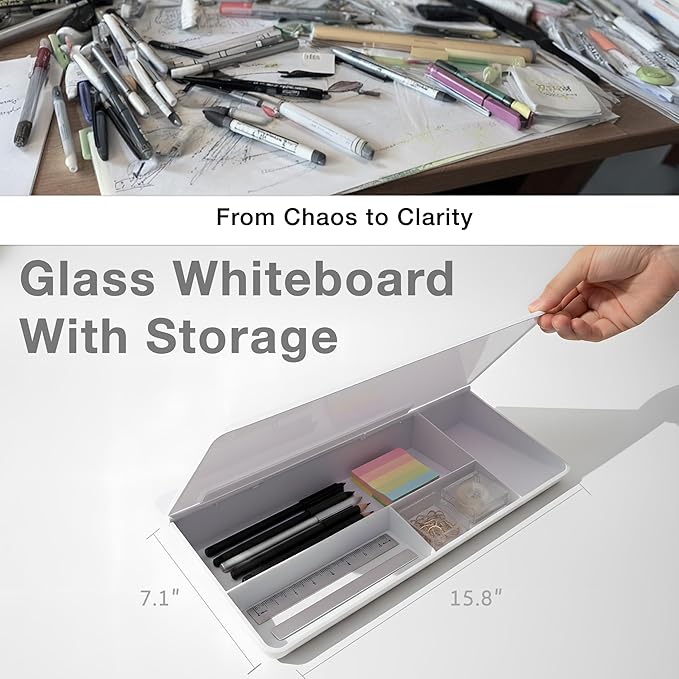 Black Glass Desktop Whiteboard – Modern Dry Erase Board with Storage Drawer for Desk Notes & Organization