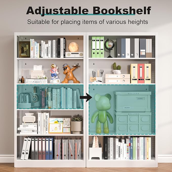 White Metal Bookshelf, 66" Tall Bookcase, Industrial Bookshelves and Bookcases, 5 Shelf Bookcase with Adjustable Shelves, Heavy Duty Book Cases for Office, Home, Library, Living Room, School