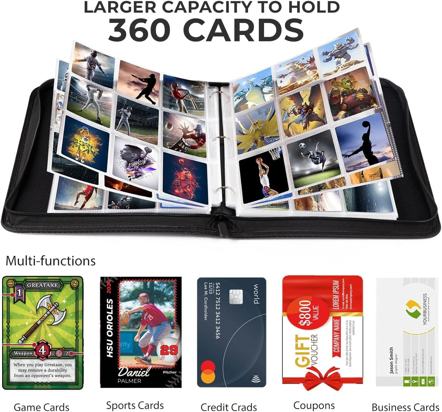 9 Pockets Trading Card Binder, PU Leather Card Folder, Trading Cards Binder with Premium Zipper, with Double Sided Pockets For 360 Card Album, Multicolored Sports Collection Binder.