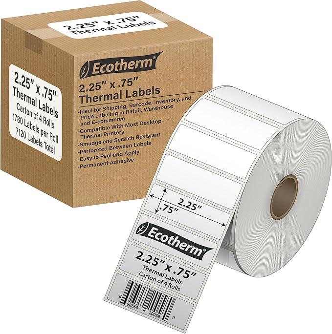 2.25" x .75" Thermal Labels | 4 Rolls | 7120 Labels | fits Zebra, Munbyn, Rollo, Godex, Arkscan, iDPRT, Offnova Thermal Label Printers and More | Blank White Adhesive Stickers by Ecotherm