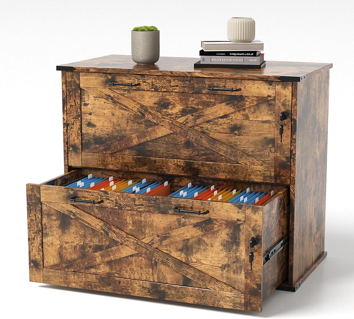 VINGLI 2 Drawer File Cabinet with Lock, Home Office Filing Organizer, for Letter Legal A4 Size File Folder Storage, Modern Farmhouse, Wood Lateral Filing Cabinet, Archivador (Rustic Brown)