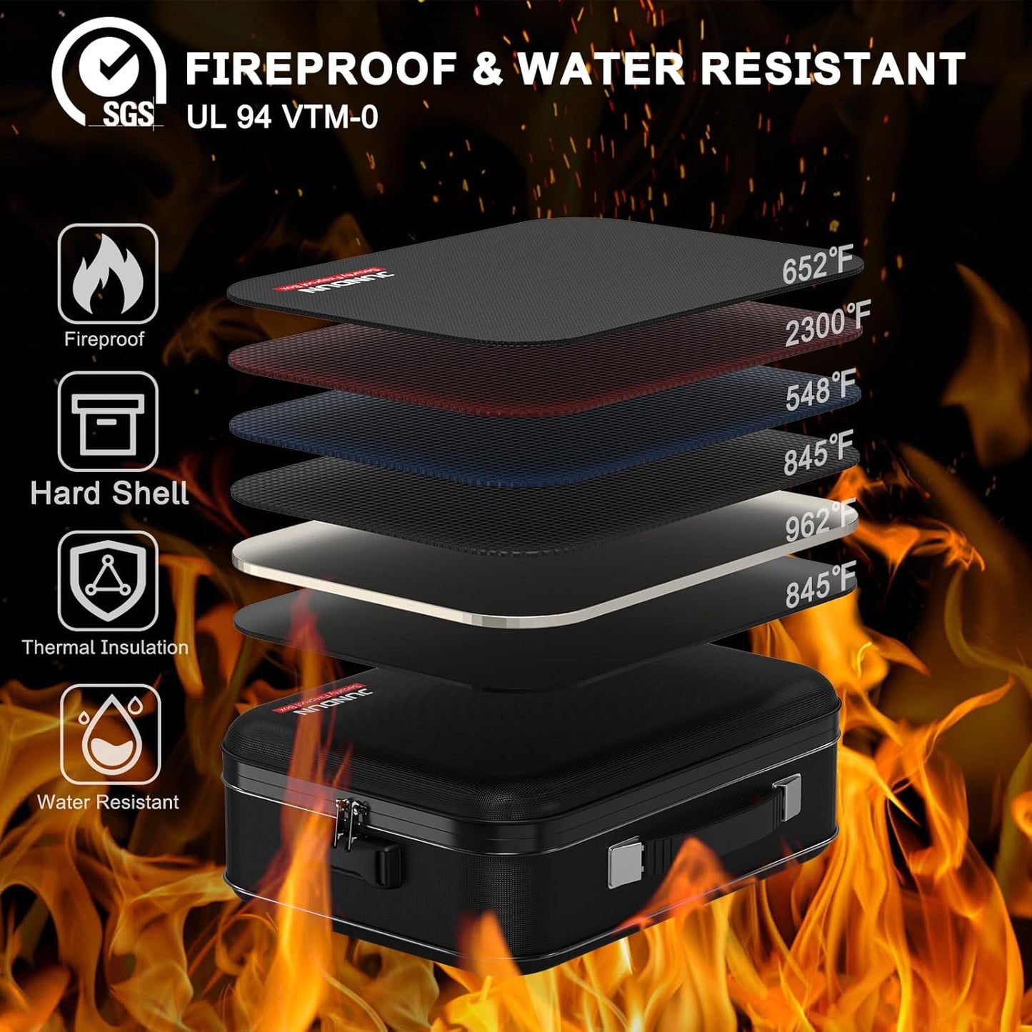 JUNDUN Fireproof Document Box,Hard Case Fireproof Document Organizer with Lock，Home Travel Portable Fireproof Safe Storage Box for Letter Size Documents,files,Papers and Passport,Colourful